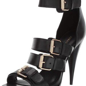 Sz 8 BCBGMAXAZRIA Black Gloria Stiletto Heels Gold buckles Sandals Nearly New